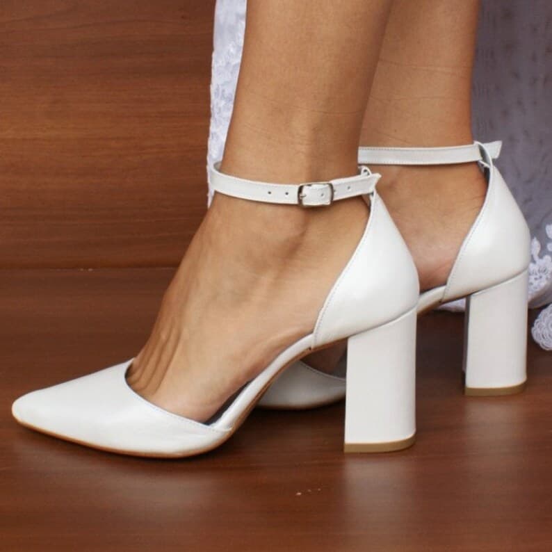 Handmade White Women's Bridal Block Heels