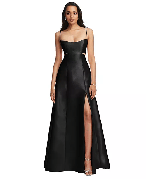 Womens Open Neckline Cutout Satin Twill A-Line Gown with Pockets