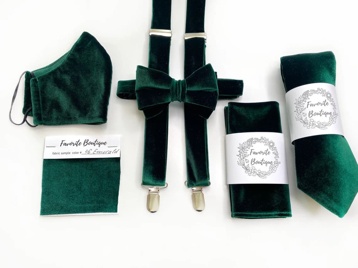 Emerald Green Velvet Tie, Pocket Square, Suspenders, Bow Tie