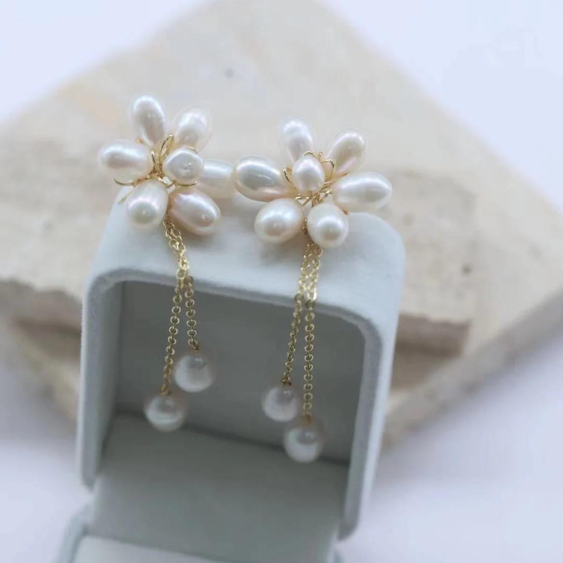 Long Flower Pearl Drop Tassel Earrings