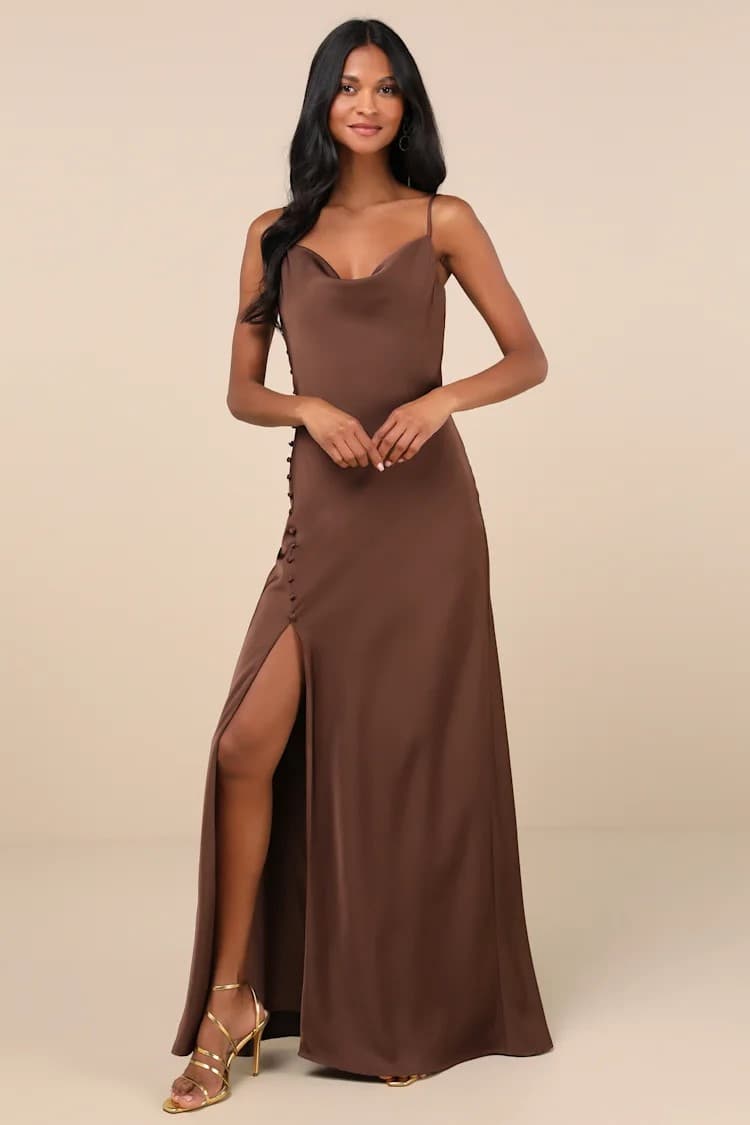 Truly a Beauty Dark Brown Satin Cowl Neck Side Button Maxi Dress