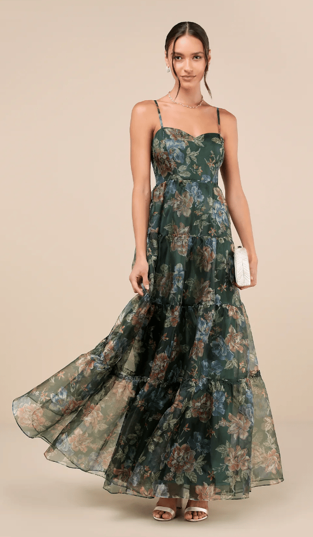 Exclusive Glamour Green Floral Organza Tiered Maxi Dress