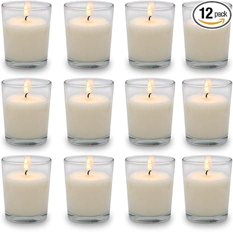 Set of 12 White Votive Candles Clear Glass
