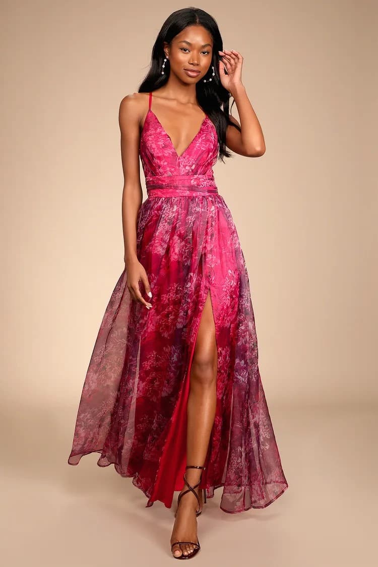 Romance That Wows Magenta Floral Print Organza Maxi Dress