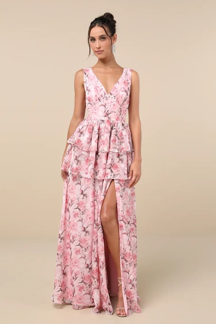 Graceful Approach Blush Pink Floral Jacquard Tiered Maxi Dress