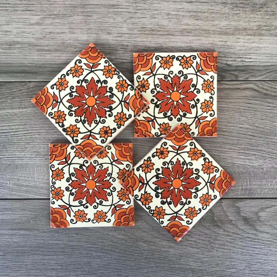 Orange "Enredadera" Mexican Tile Coasters