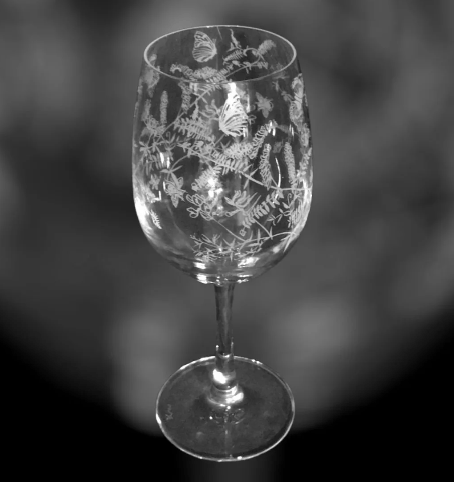 Wine Glass with Country Flower Garden & Butterfly Frieze Design