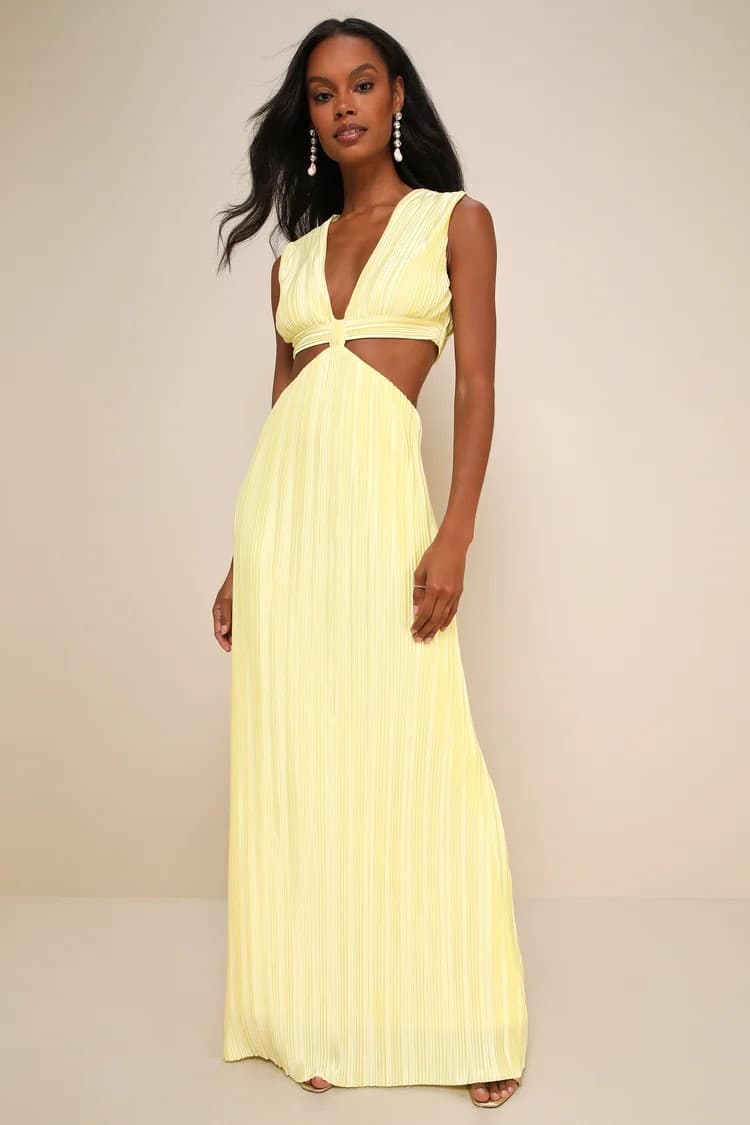 Glamorous Mentality Yellow Plisse Cutout Maxi Dress
