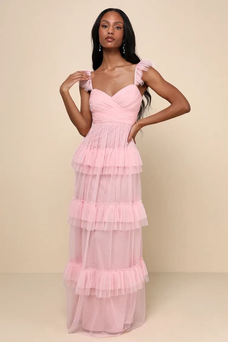 Pure Radiance Pink Mesh Swiss Dot Tiered Maxi Dress