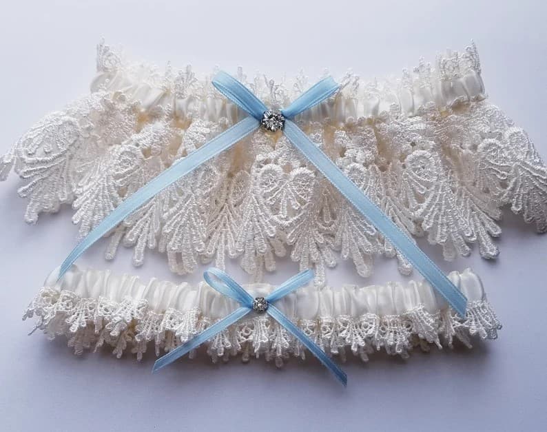 Wedding Garter Set with Blue Satin Ribbon Bow and Swarovski Crystal Centering