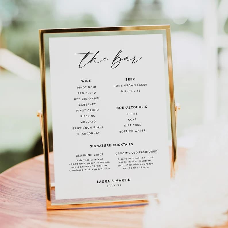 Elegant Wedding Bar Menu Sign