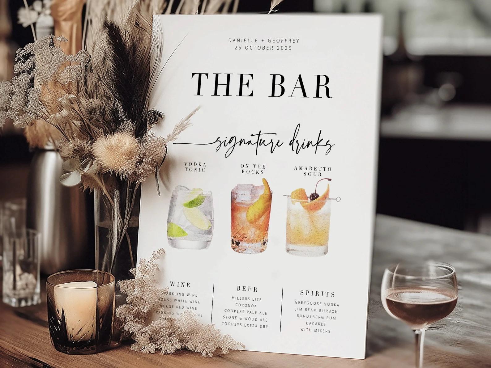 Modern Wedding Bar Signature Drinks Menu Template