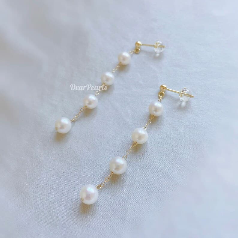 Elegant Freshwater Pearl Long Drop Earrings on Gold Filled Chain