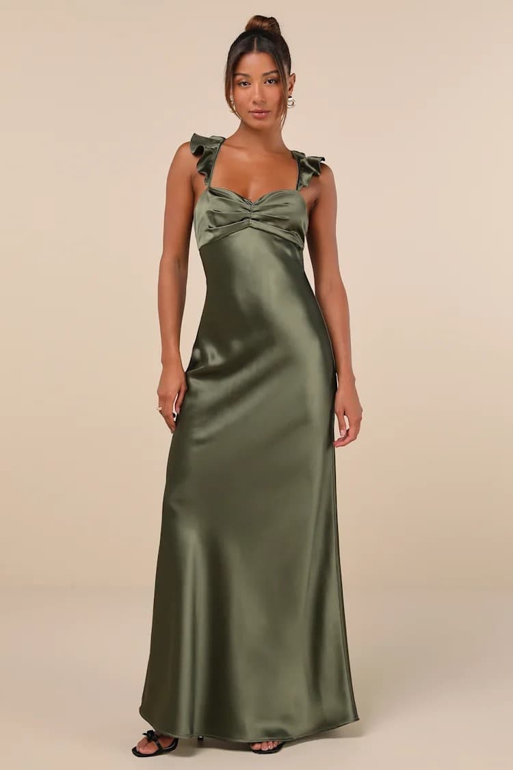 Exuberant Luxury Olive Green Satin Ruffled Lace-Up Maxi Dress