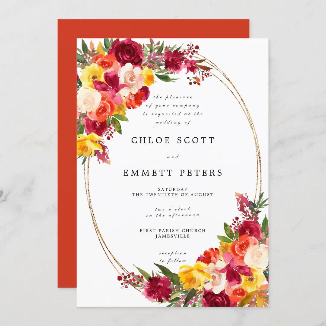 Burgundy Pink Orange Yellow Floral Wedding Invitation