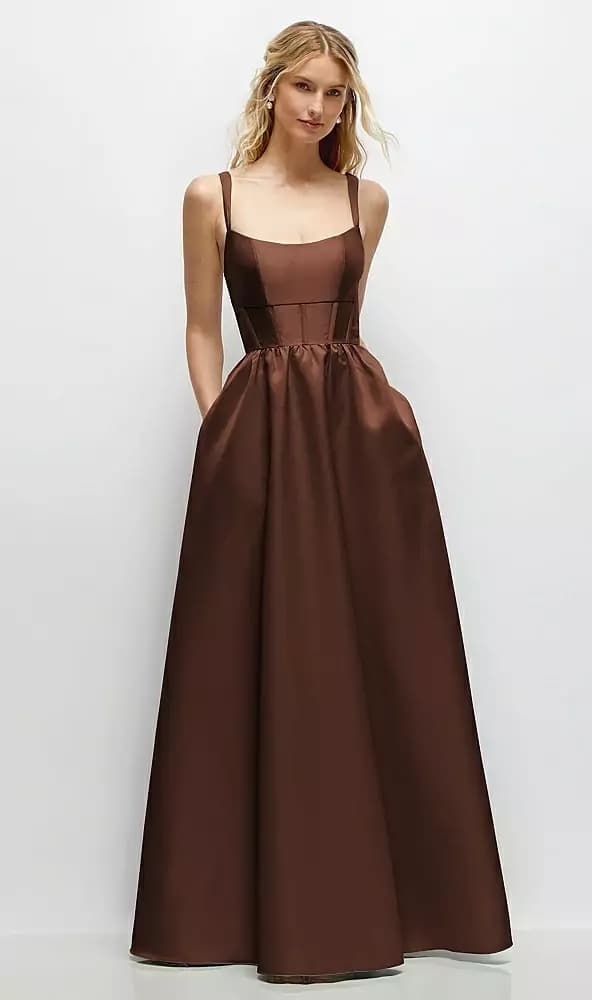 Scoop Neck Inset Corset Satin Maxi Dress with Pockets in Cognac