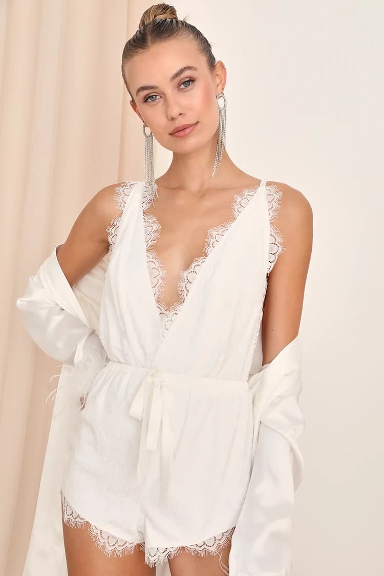 Lovely Longing Ivory Lace Surplice Lingerie Romper