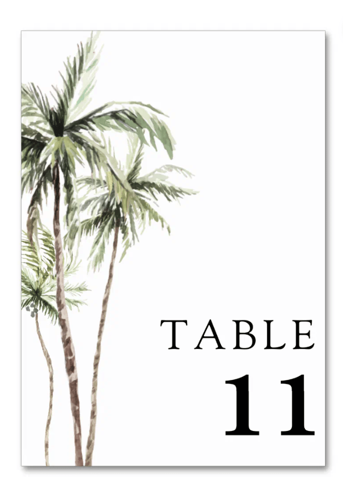 Palm Tree Tropical Minimal Wedding Table Number