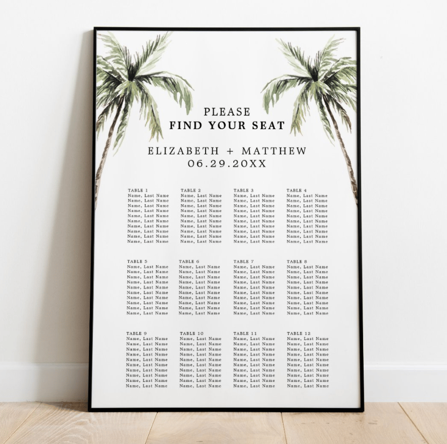 Palm Tree Tropical Minimal Wedding Seating Chart