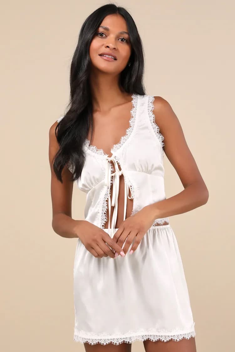 Evening Darling Ivory Lace Tie-Front Two-Piece Pajama Set