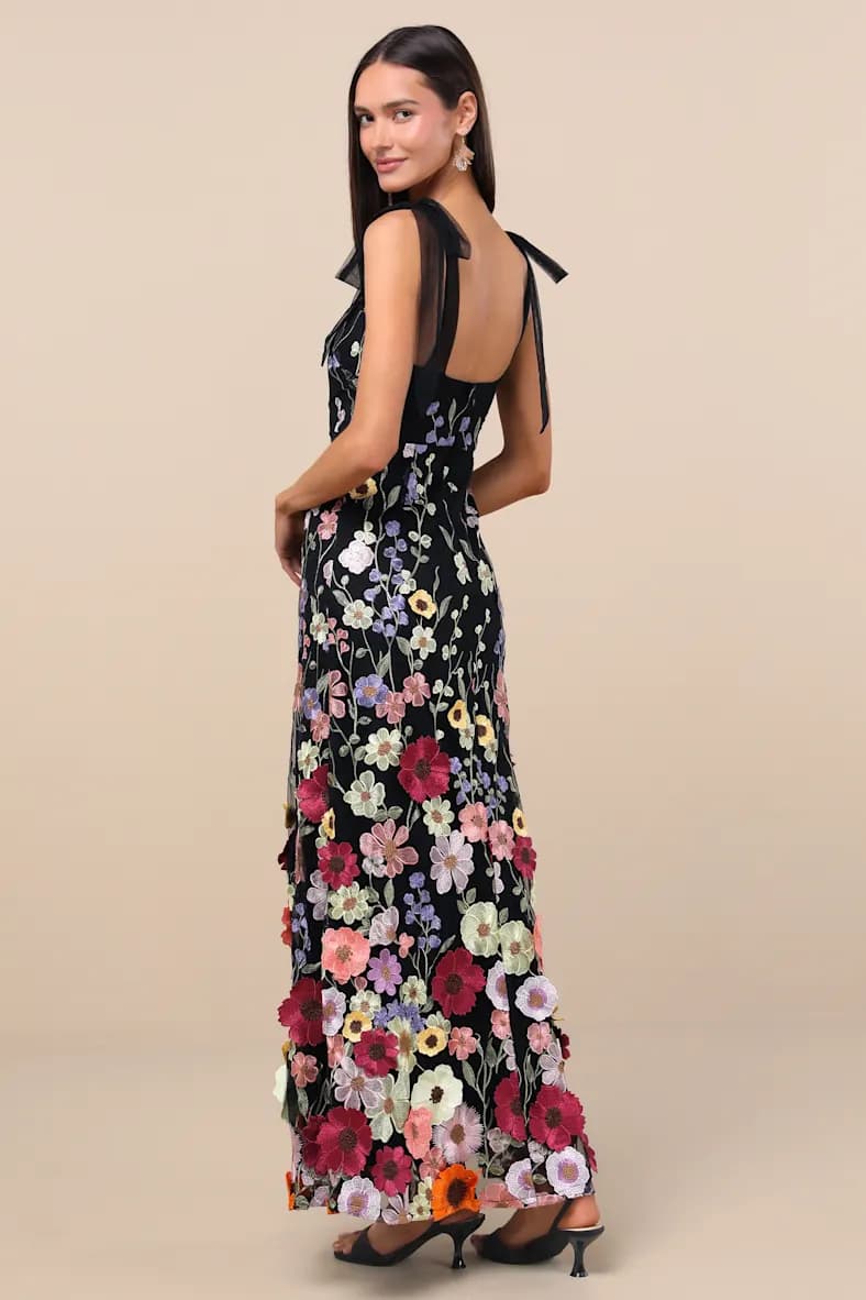 Thriving Poise Black 3D Floral Embroidered Tie-Strap Maxi Dress