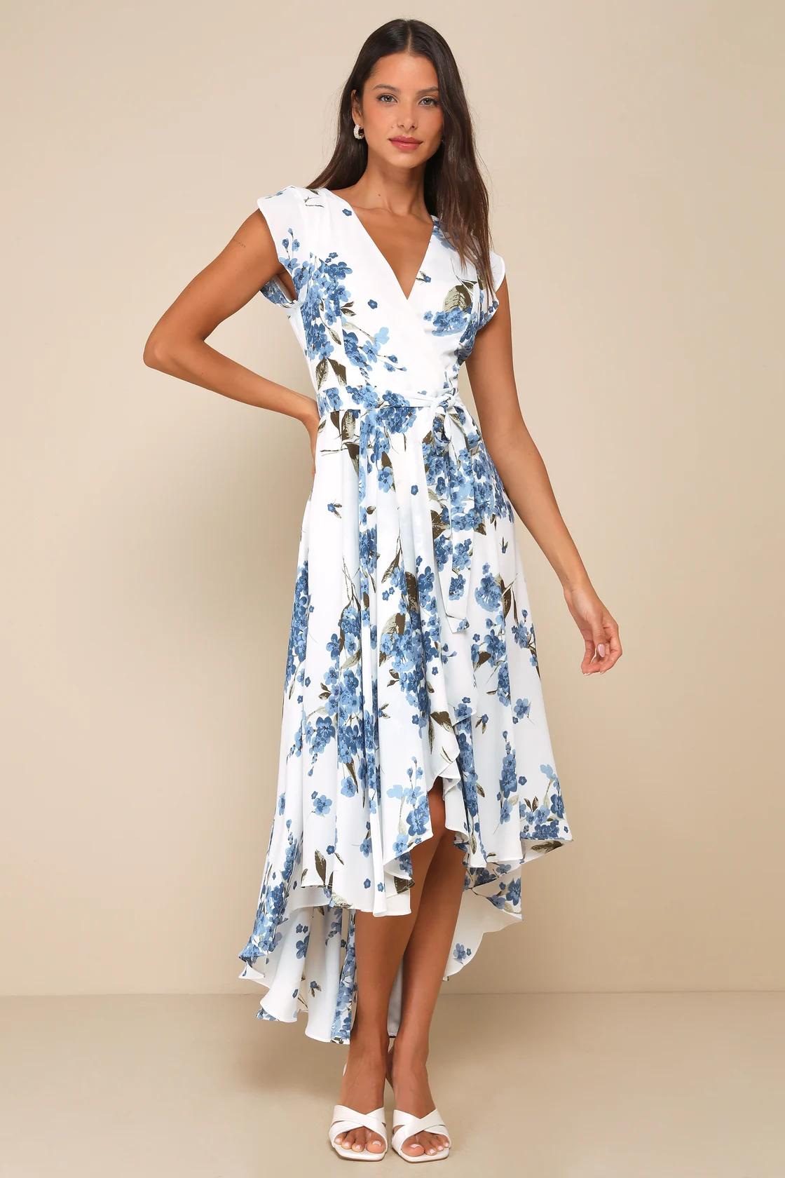 French Countryside White Floral Print High-Low Dress