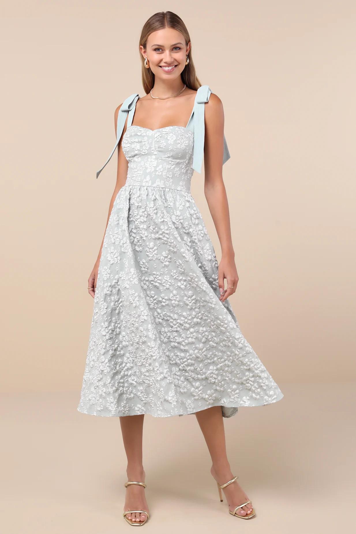 Bubbly Bliss Sage Green Jacquard Bustier Tie-Strap Midi Dress