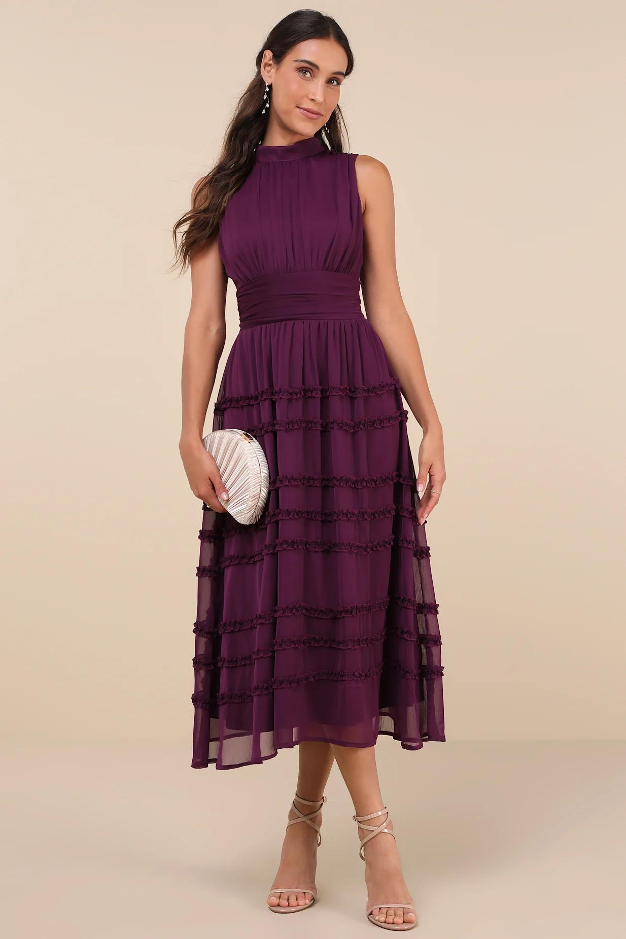 Happily Sweet Purple Mock Neck Backless Midi Dress
