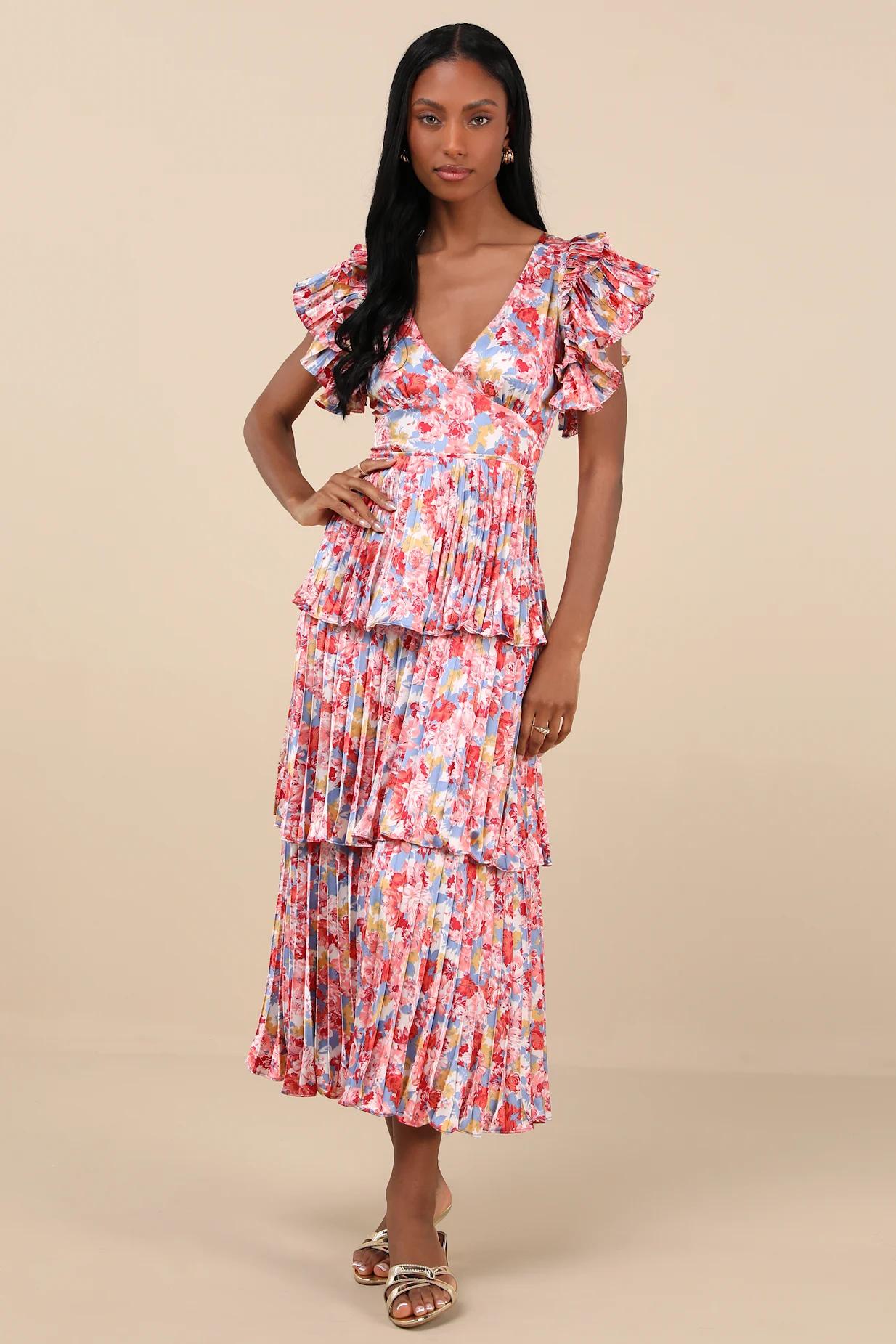 Stunning Desire Multi Floral Satin Pleated Tiered Midi Dress