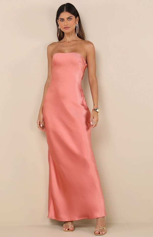 Elliette Peach Pink Satin Strapless Cowl Back Maxi Dress