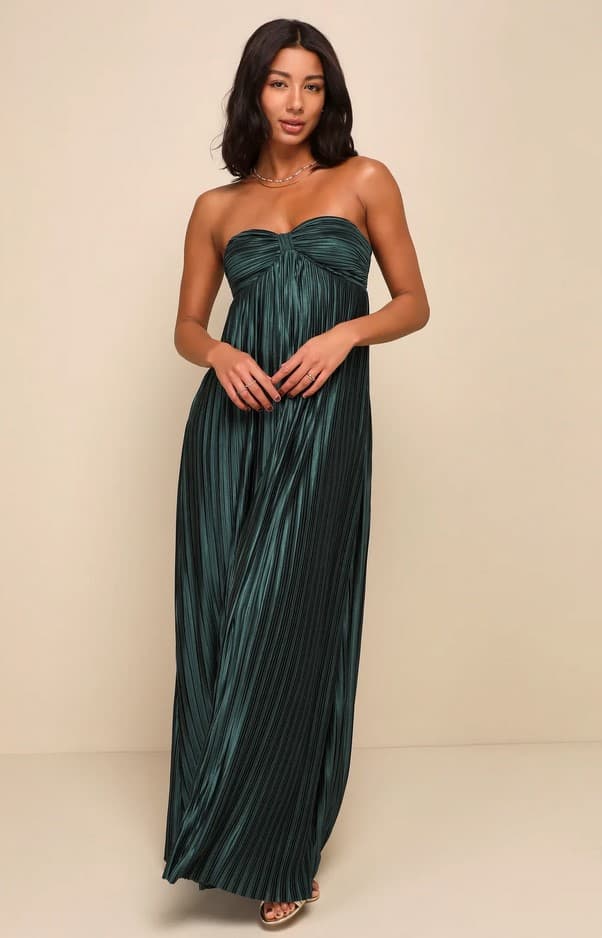 Whimsical Beauty Emerald Green Satin Plisse Strapless Maxi Dress