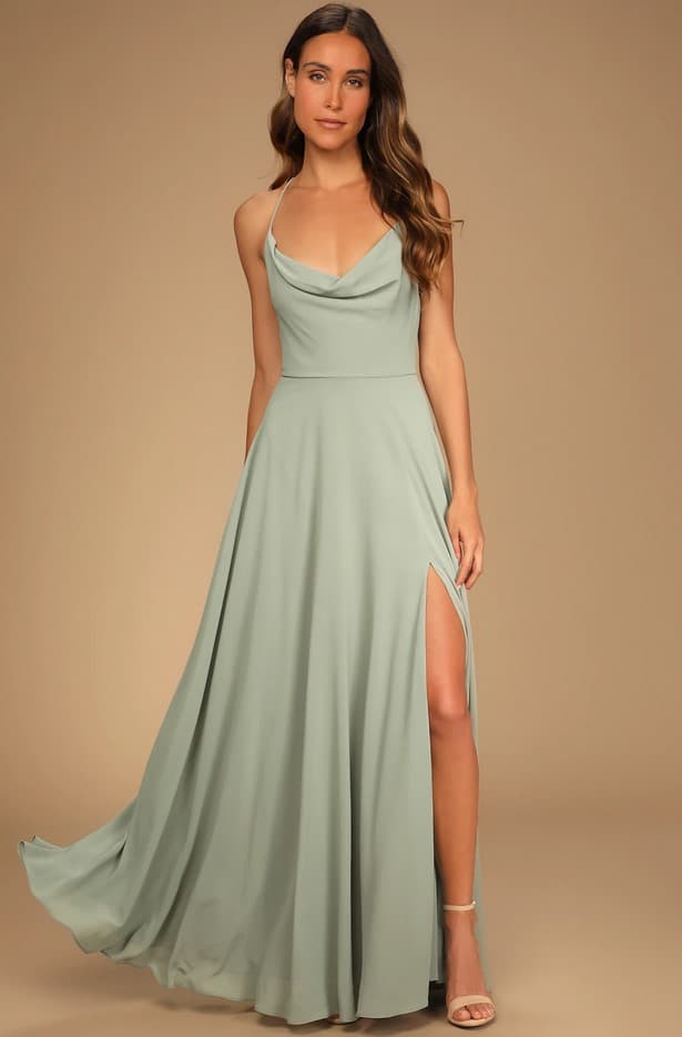 Romantically Speaking Sage Green Cowl Lace-Up Maxi Dress