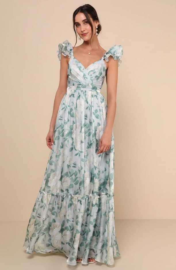 Soiree Perfection Light Blue Floral Ruffled Tiered Maxi Dress