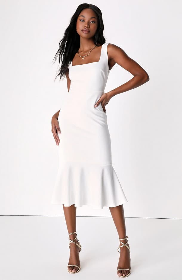 Moment Maker White Square Neck Trumpet Midi Dress