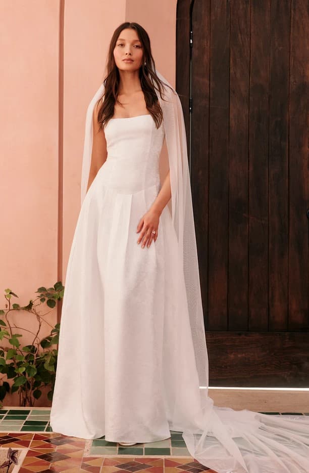 Arabella White Jacquard Basque Waist Maxi Dress