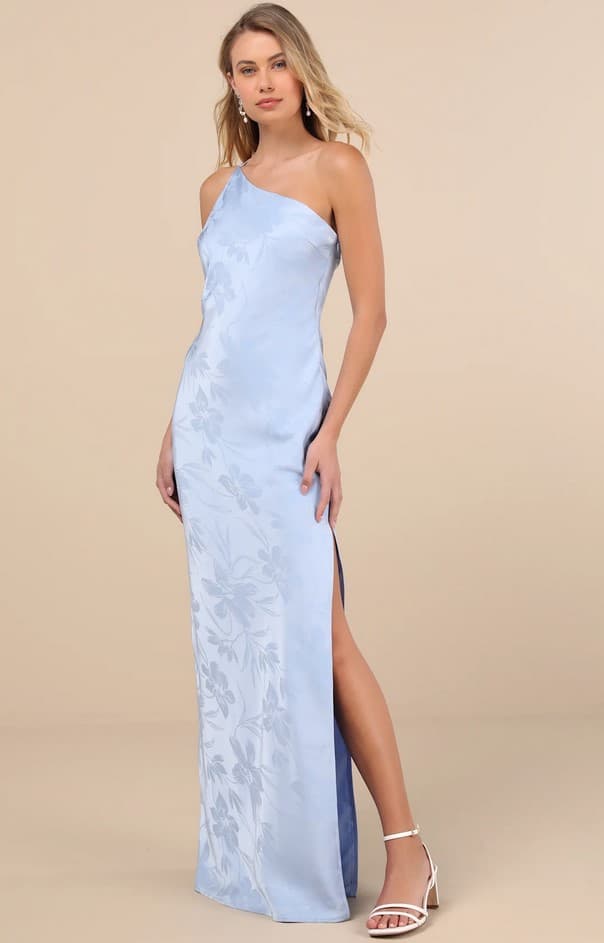 Nadra Light Blue Satin Jacquard One-Shoulder Maxi Dress