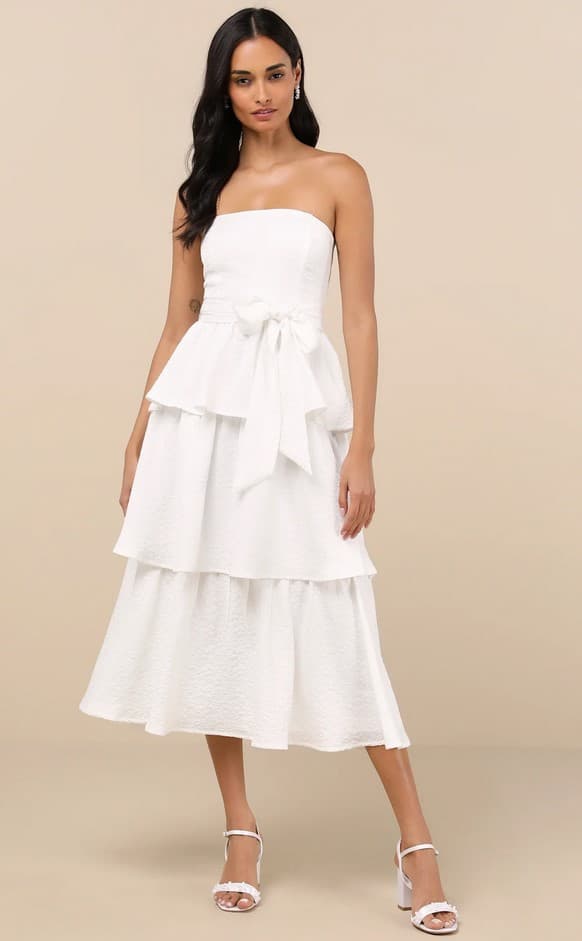 Truly Marvelous White Jacquard Strapless Tiered Midi Dress