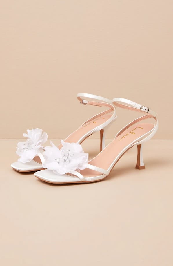 Aidine White Floral Applique Ankle Strap High Heel Sandals
