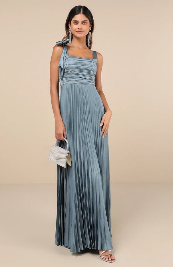 Gorgeous Purpose Slate Satin Pleated Sleeveless Bow Maxi Dress