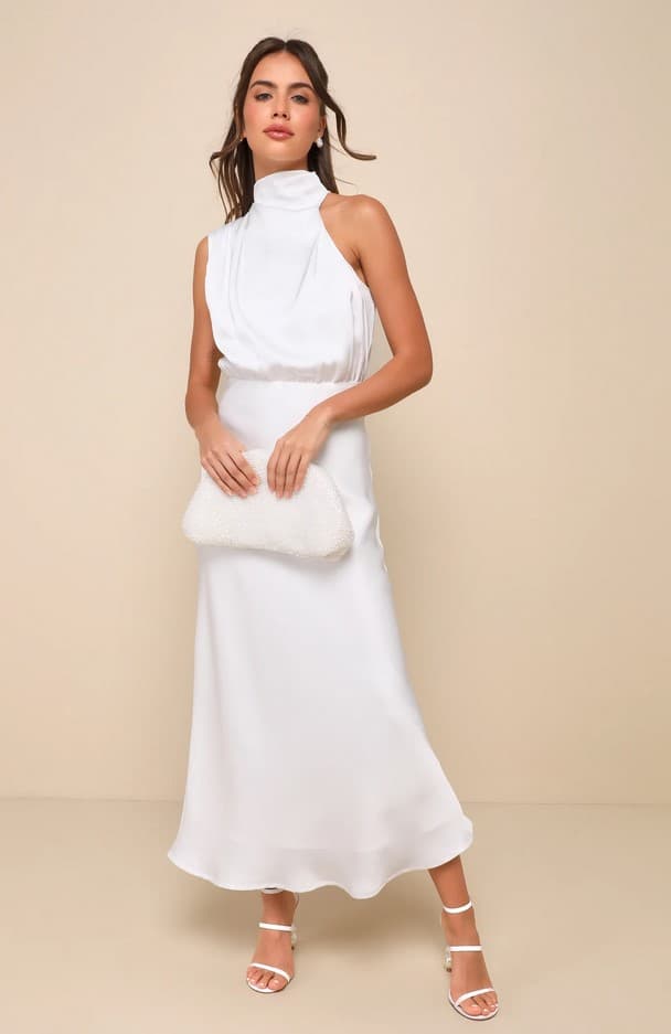 Distinctive Charm White Satin Asymmetrical Midi Dress