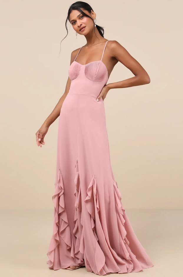 Priela Pink Ruffled Lace-Up Maxi Dress