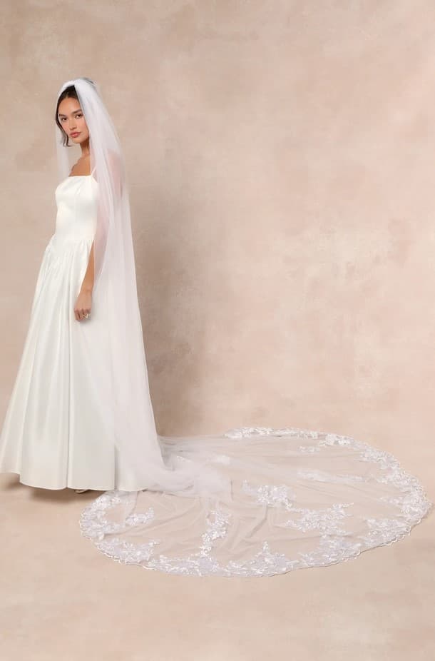 Nima White Mesh Embroidered Long Veil