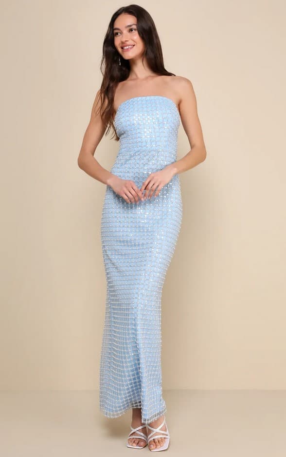 Perfectly Luxurious Light Blue Pearl Strapless Maxi Dress