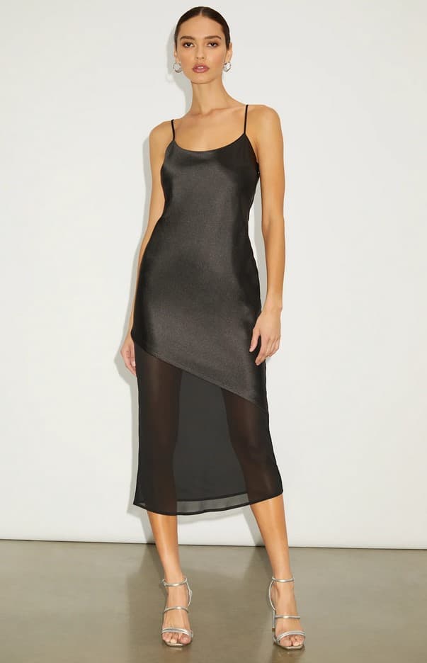 Drew Black Satin Scoop Neck Midi Dress