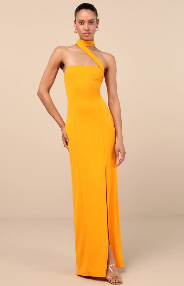 Seraphina Golden Yellow Asymmetrical Column Maxi Dress