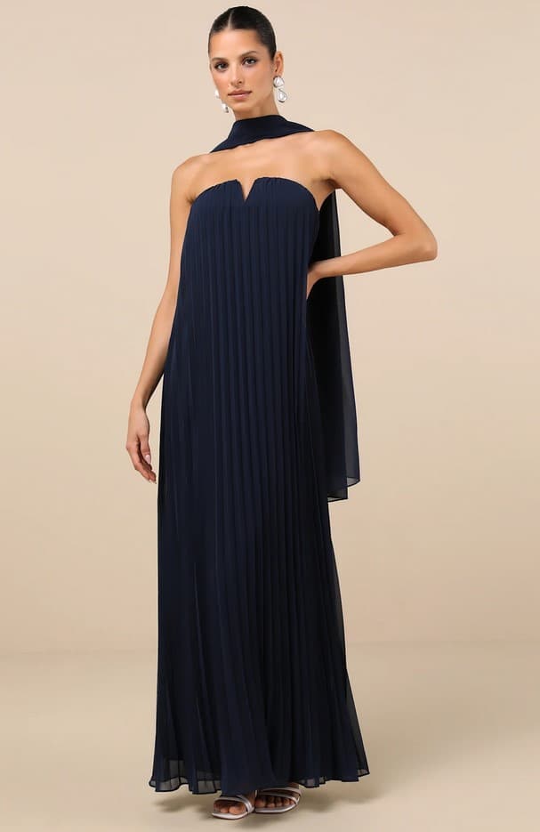 Lael Navy Pleated Strapless Dress And Scarf Set