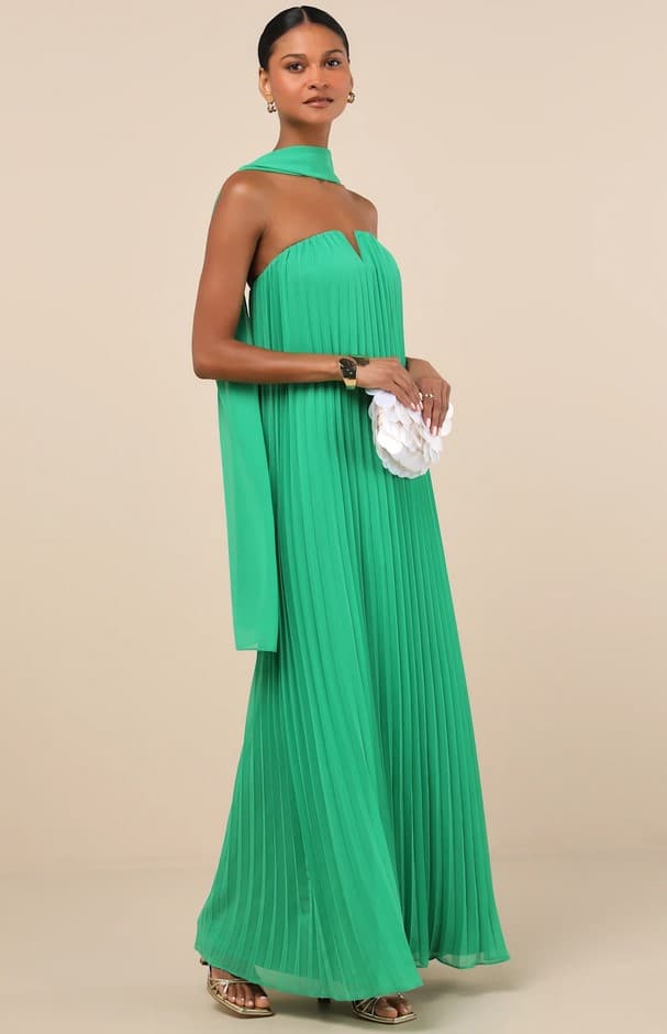 Lael Green Pleated Strapless Dress And Scarf Set