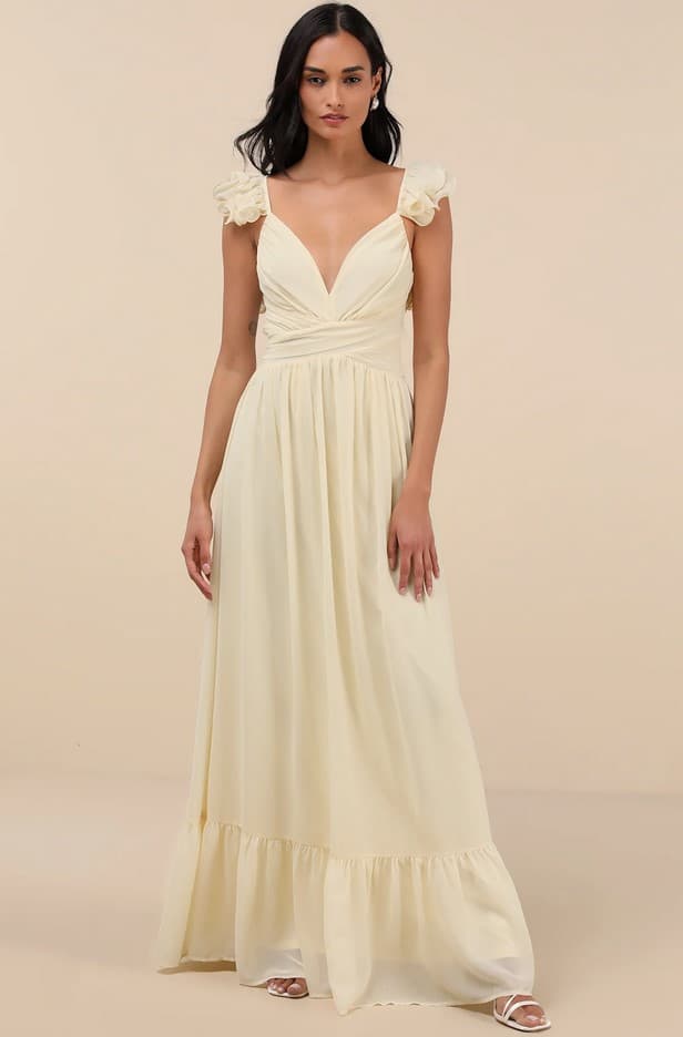 Soiree Celebration Light Yellow Ruffled Lace-Up Maxi Dress