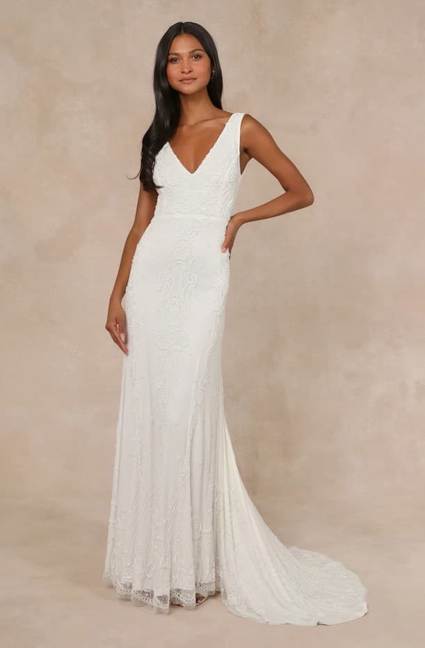 Passionate Romance White Beaded Sequin Mermaid Maxi Dress