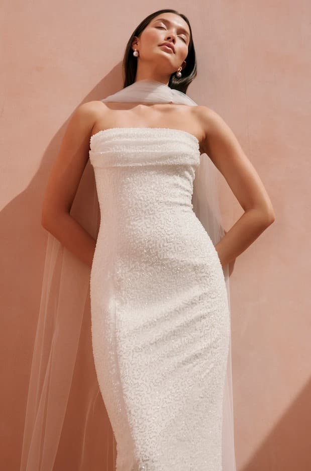 Catriona White Beaded Cowl Neck Strapless Maxi Dress